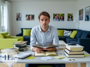 Egy felnőtt némettanuló férfi ül egy asztalnál, előtte könyvek, szókártyák és jegyzetek, arckifejezése felismerést tükröz – épp rájött, hogy eddig rossz módszerrel próbált németül tanulni.