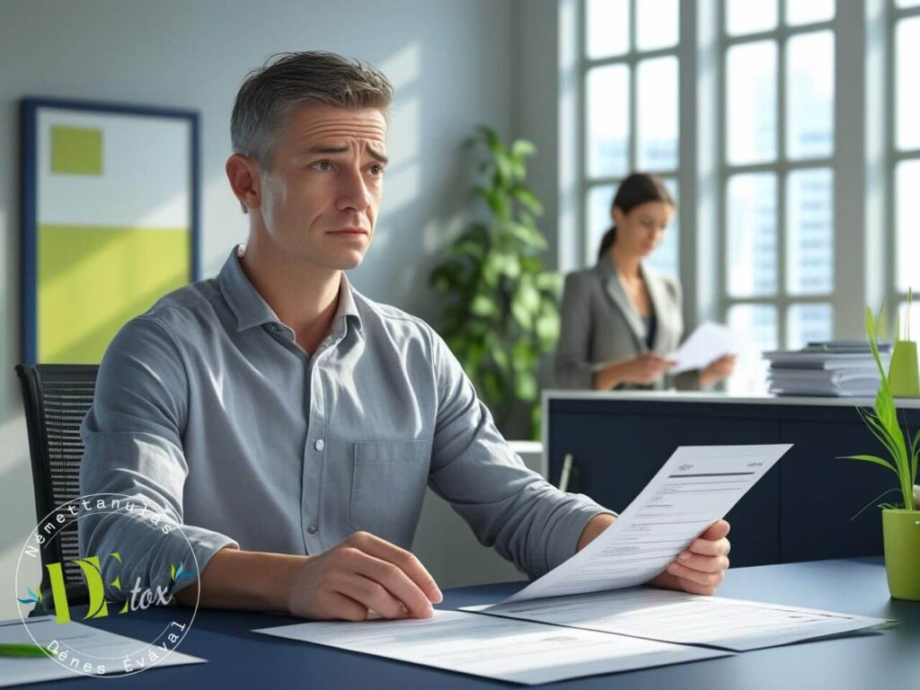 Külföldi hivatalban ülő férfi tanácstalanul néz egy német nyomtatványt, miközben mögötte egy nő intézkedik.